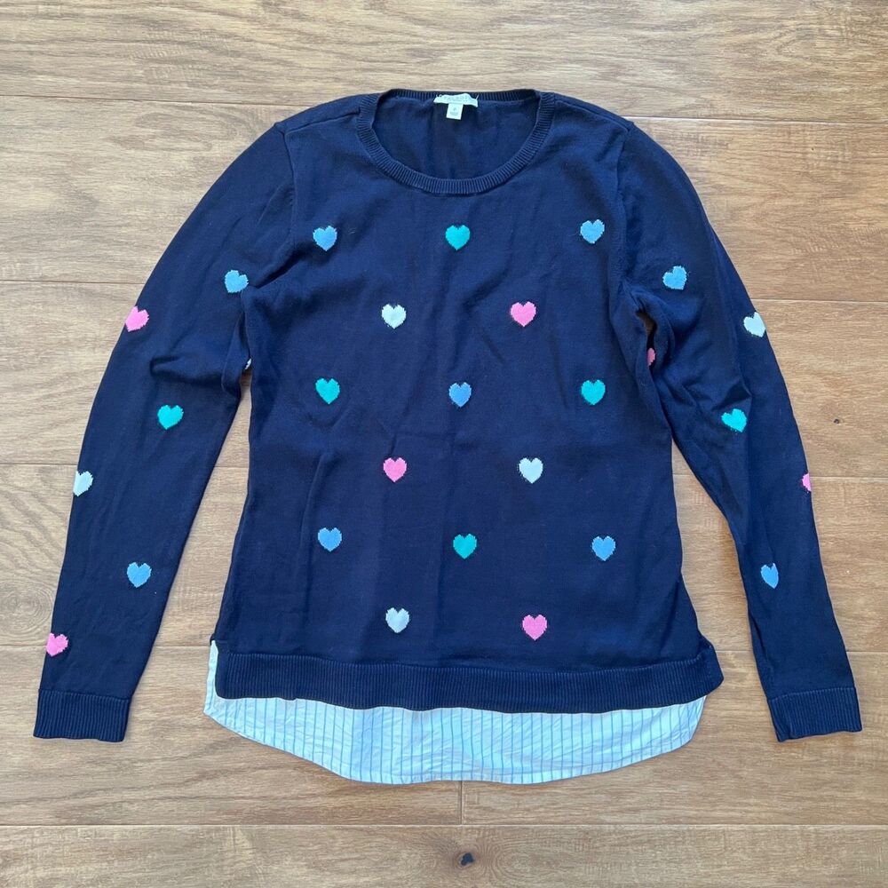 Talbots Petites Sweater Size P Navy Blue Heart Print Shirttail Hem Crew Neck